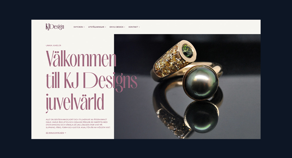 Skärmdump på startsidan för smyckesdesignern KJ Design