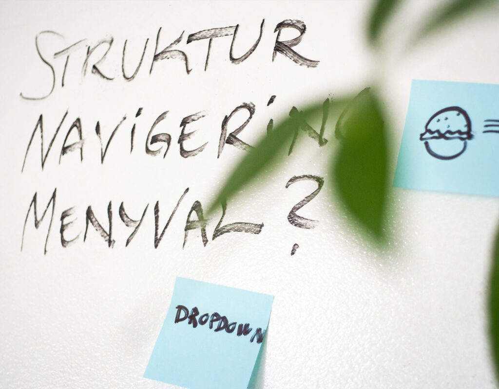 Bild på en whiteboard med text: struktur, navigering, menyval. Samt en blå postit-lapp med ordet Dropdown och en annan postit-lapp med en hamburgare ritad på.
