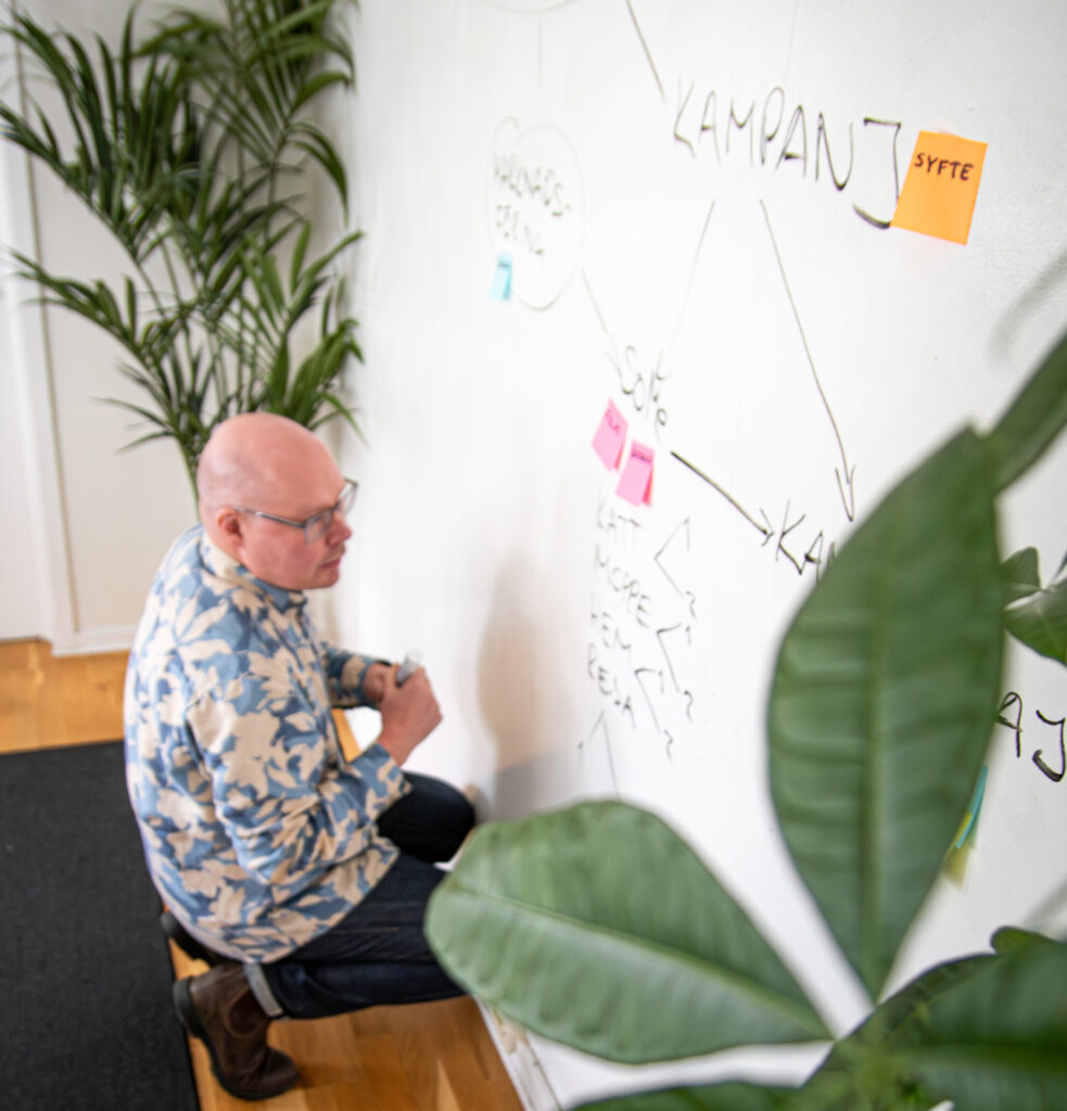 En webbkreatör jobbar med en digital strategi på en whiteboard-vägg.