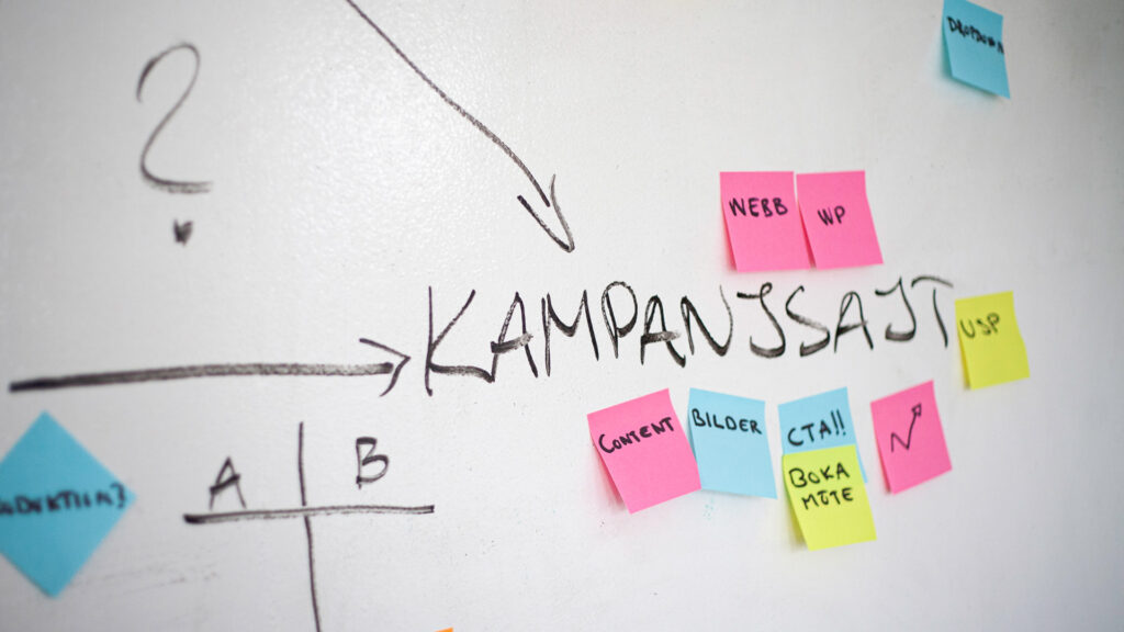 Whiteboard med texter som till exempel kampanjsajt.