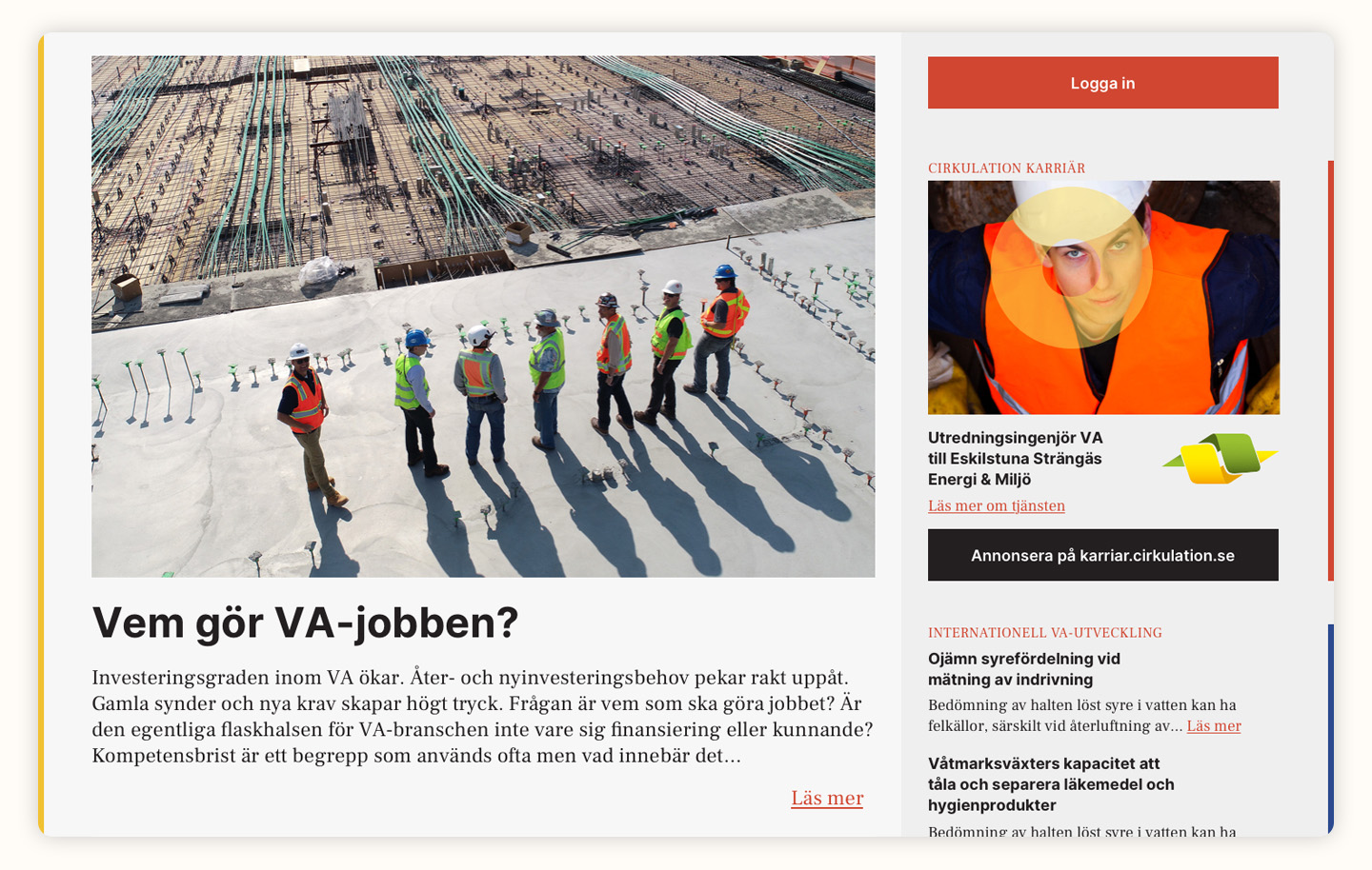 En skärmdump på VA-tidskriften Cirkulations startsida.