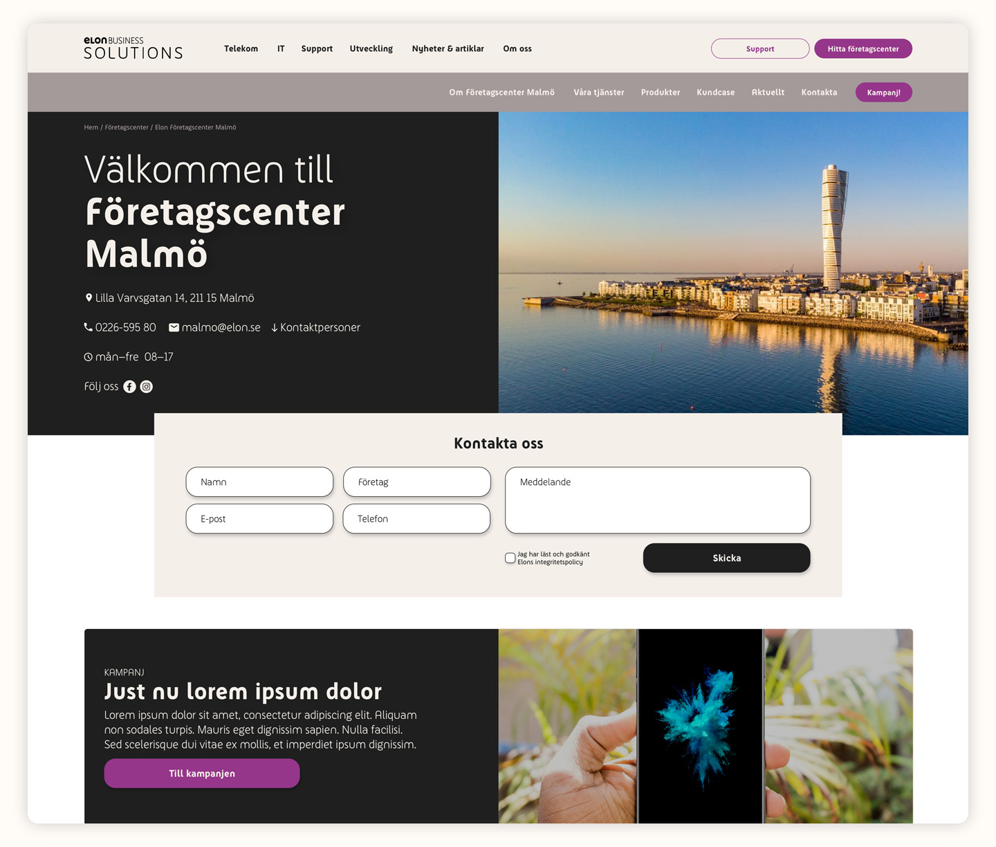 Skärmdumpå Elon Business webbplats.