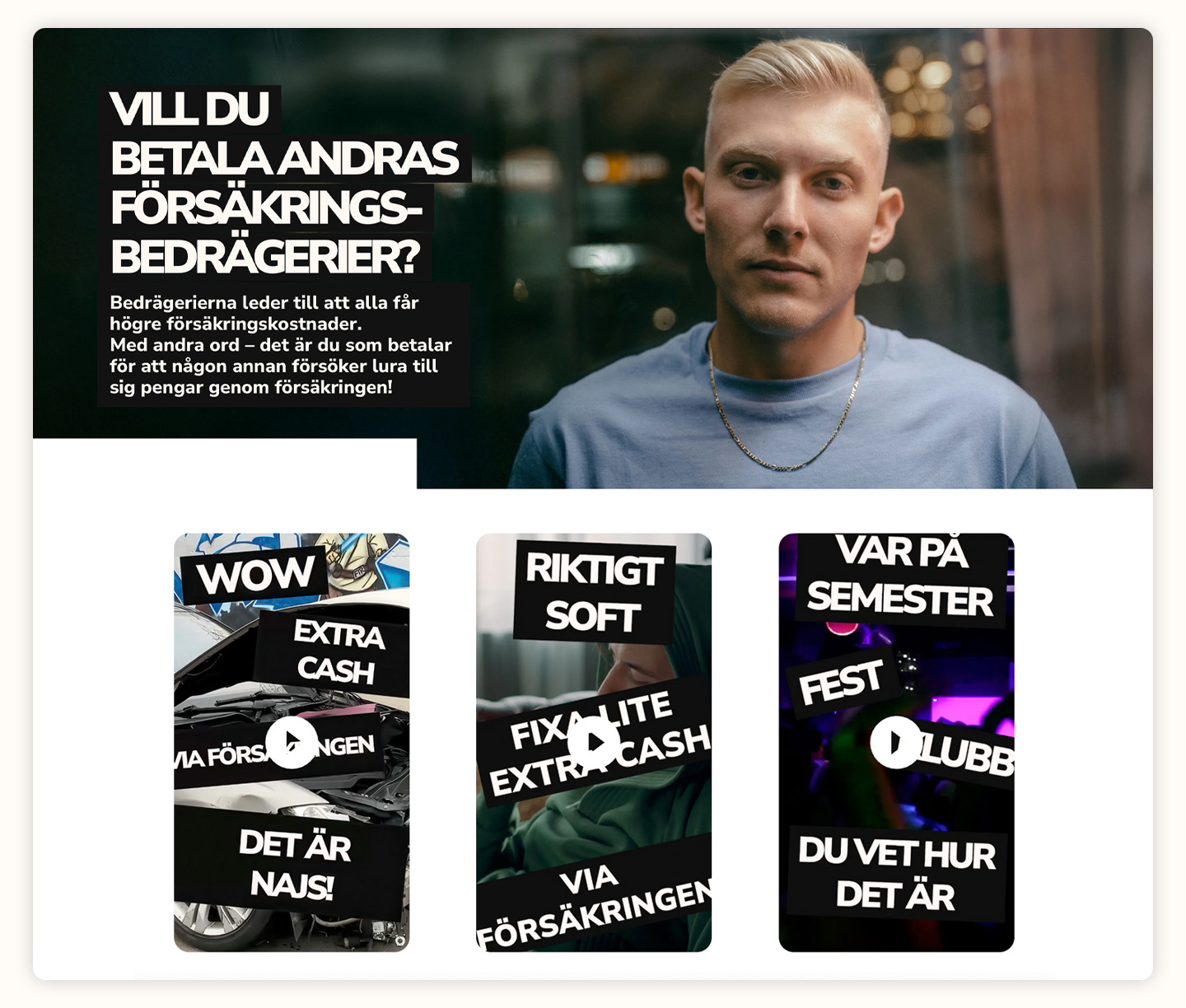 En skärmdump på sajten Försäkringsbedrägeri.se och samt TikTok-annonser