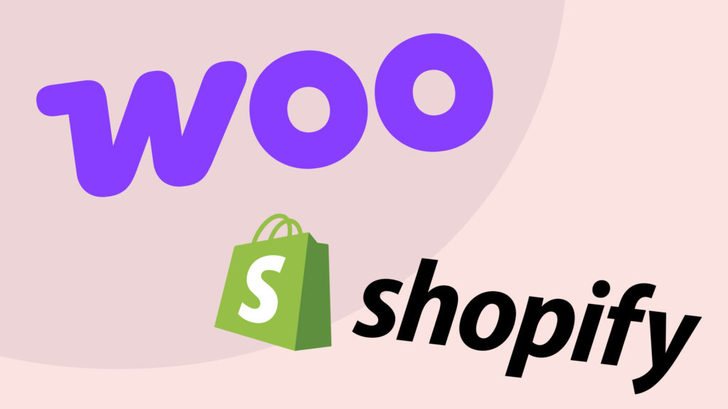 En grafisk bild med logotyperna för WooCommerce och Shopify.