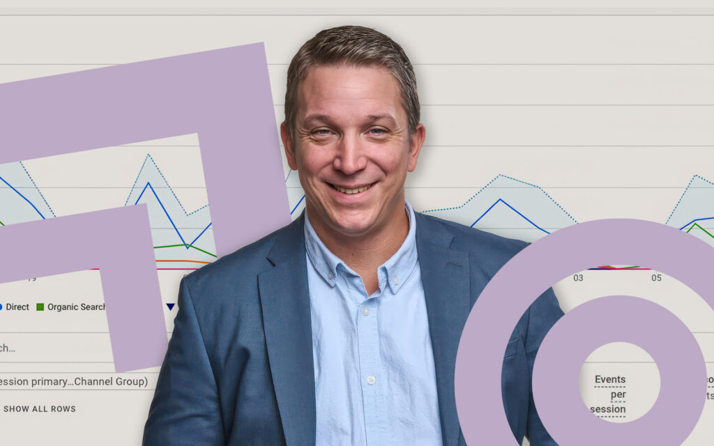 Bildkollage med gästföreläsare Kristian Jältsäter och skärmdump från Google Analytics tillsammans med några piktogram som symbliserar strategi, analys och mål.
