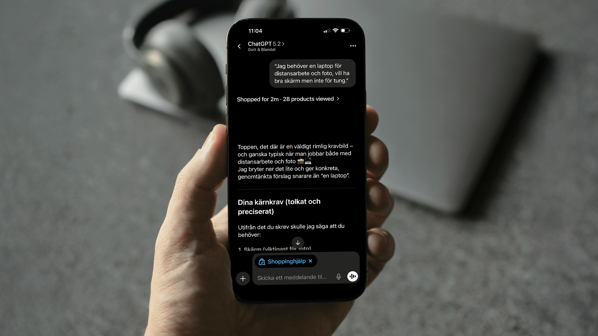 Person visar sin mobilskärm med shoppinghjälpen i ChatGPT