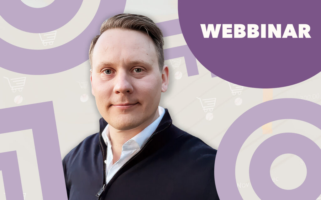 Kollage med grafiska element, föreläsaren och texten Webbinar.