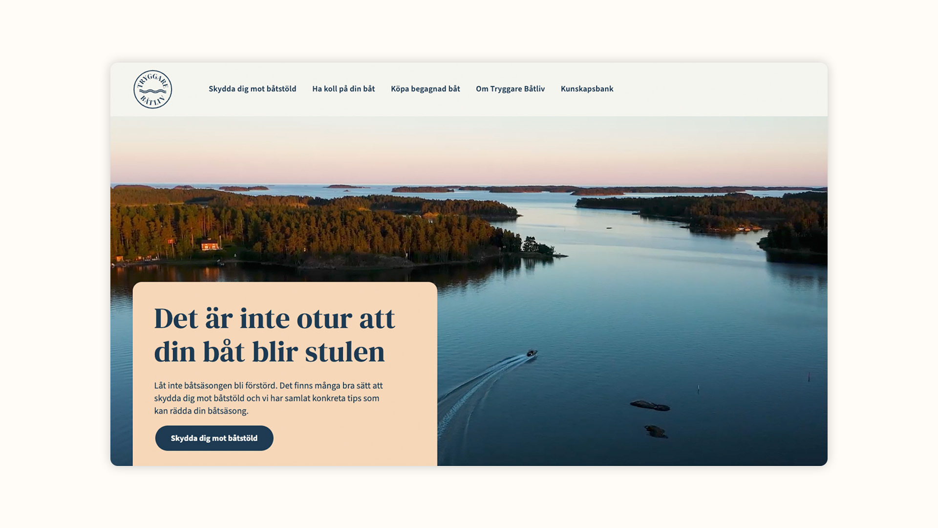 Skärmdump som visar startsidan för Tryggare Båtliv.
