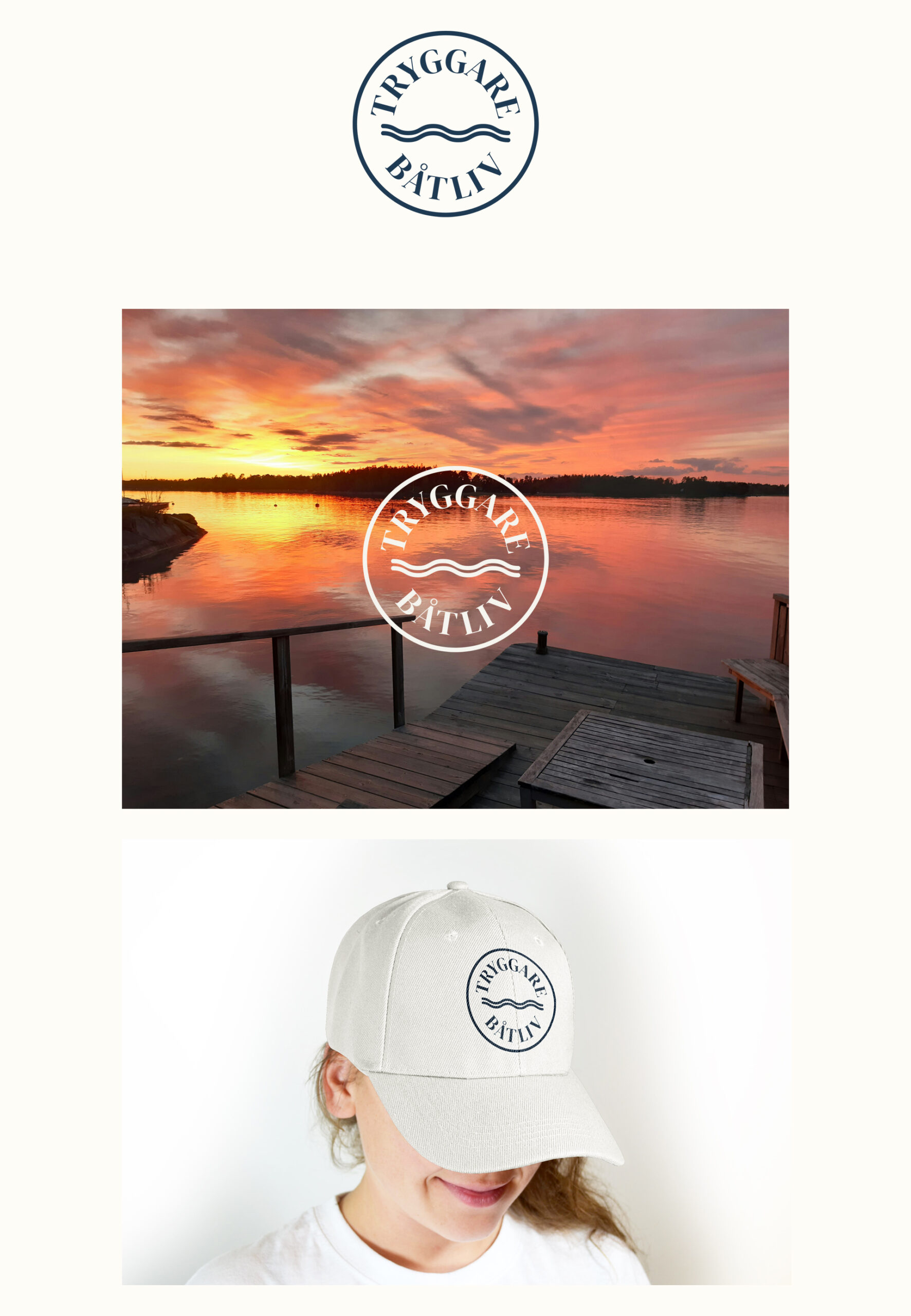 Kollage som visar logotypen för Tryggare Båtliv - dels frilagd mot ren bakgrund och dels på ett foto som visar en soluppgång vid havet.