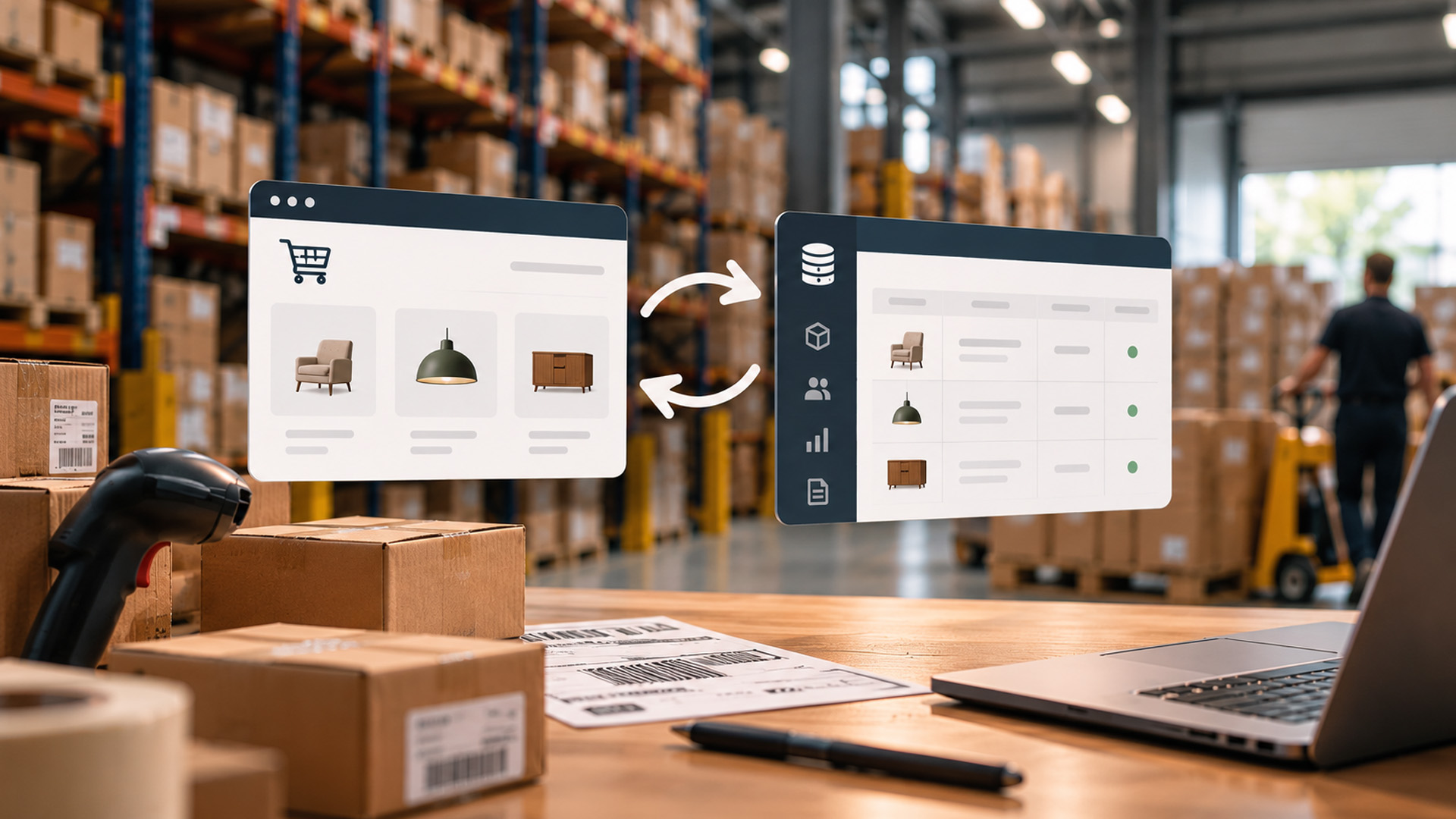 Illustration av hur en e-handel och ett affärssystem utbyter information om produkter, lager och beställningar i en lagermiljö.